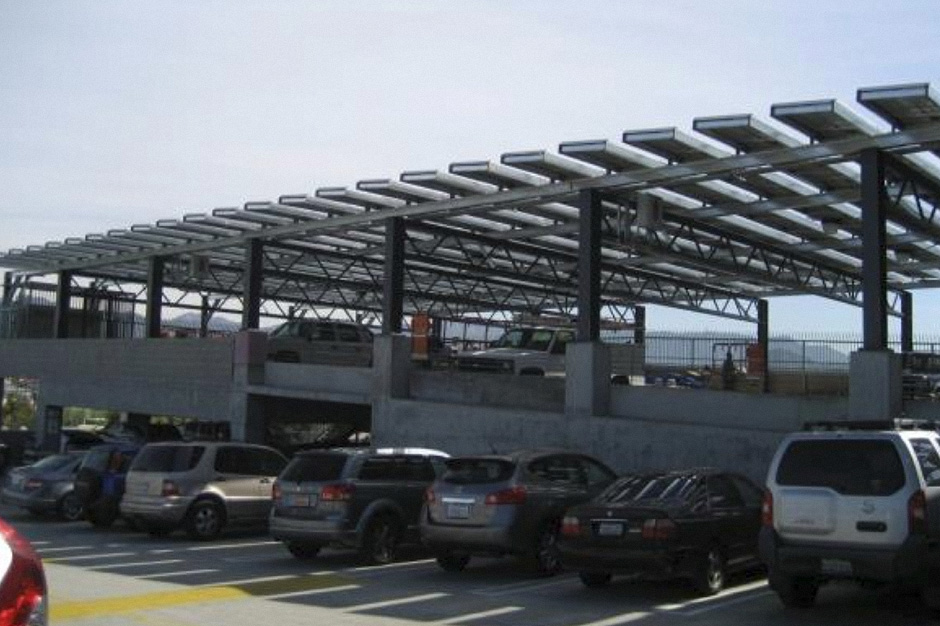 Rooftop solar panel installation on top floor of parking garage